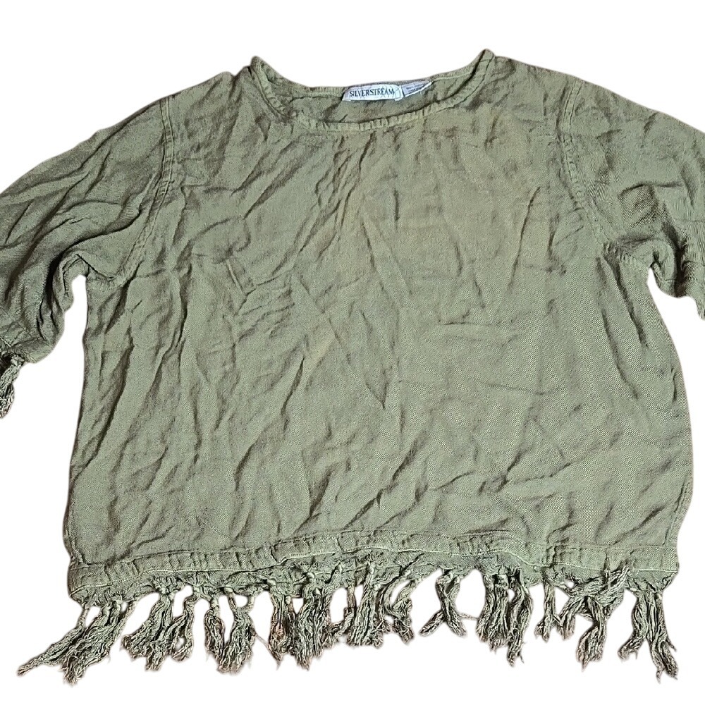 Silver Stream Fringe Short Sleeve Shirt Boho Hippie Indie Casual, Green, Large‎